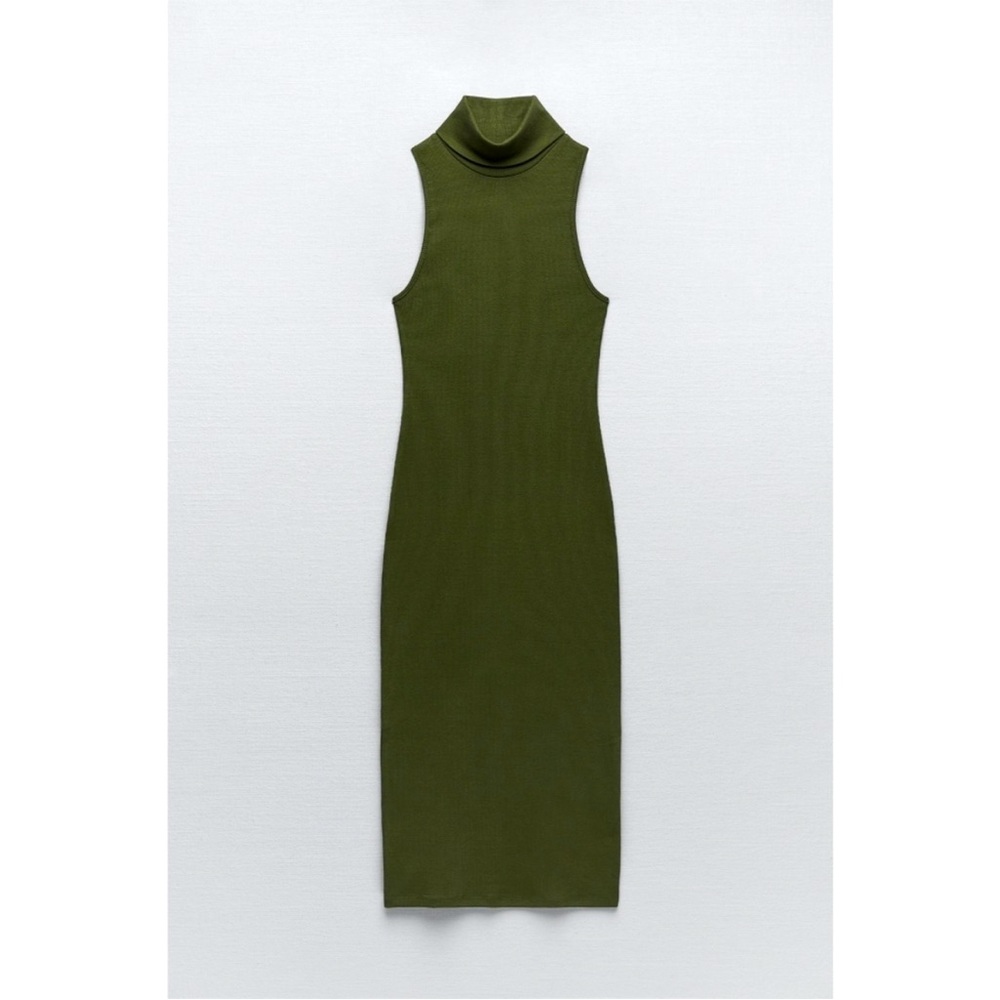 Fall Zara Green Turtleneck Sleeveless Maxi Dress LARGE NWOT